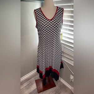 Perseption Concept Black and White Chevron Dress with Red Trim